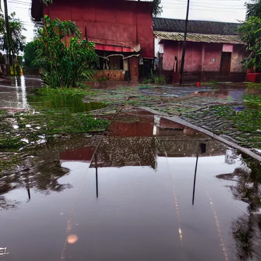 Image similar to still photo of rain puddles and reflections in an indian village, cloudy weather, highly detailed, photorealistic shot, bright studio setting, studio lighting, crisp quality and light reflections, unreal engine 5 quality render