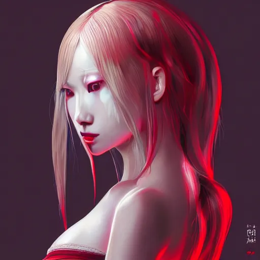 Image similar to albino maiko with very long fantasy hair, dluent composition, red and white neon, concept art, intricate details, highly professionally detailed, cgsociety, highly detailed -