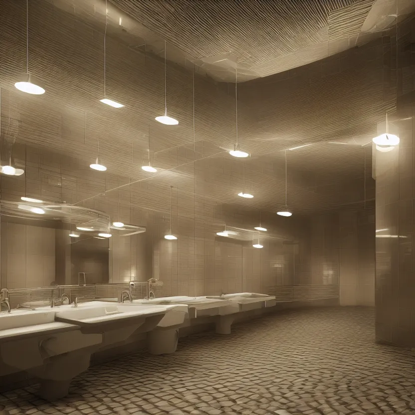 Image similar to an infinite public restroom with many stalls and sinks, cinematic lighting, volumetric lighting, award winning photography, highly detailed, intricate, sharp focus, 4 k wallpaper, unreal engine, 9 0 mm, f / 1. 4