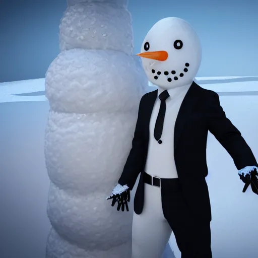 Image similar to a highly detailed humanoid snowman in business suit with black eyes and mouth, no nose, hyperrealism, professional, octane render