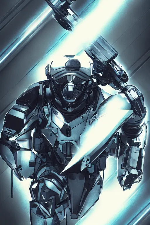 Image similar to cyber cyborg ninja mask helmet metal gear solid artic suit swat commando, global illumination ray tracing hdr fanart arstation by sung choi and eric pfeiffer and gabriel garza and casper konefal, a spectacular view cinematic rays of sunlight comic book illustration, by john kirby