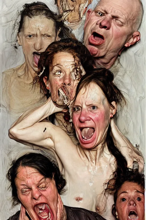 Image similar to portraits of a woman enraged, part by Jenny Saville, part by Lucian Freud, part by Norman Rockwell