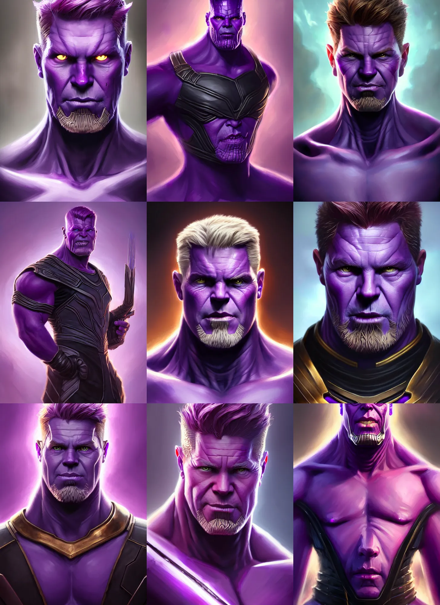 Prompt: a fantasy style portrait painting a character if clint barton and thanos had a son, purple skin, powerful chin, thanos style traits, painting, unreal 5, daz., rpg, portrait, extremely detailed, artgerm greg rutkowski _ greg