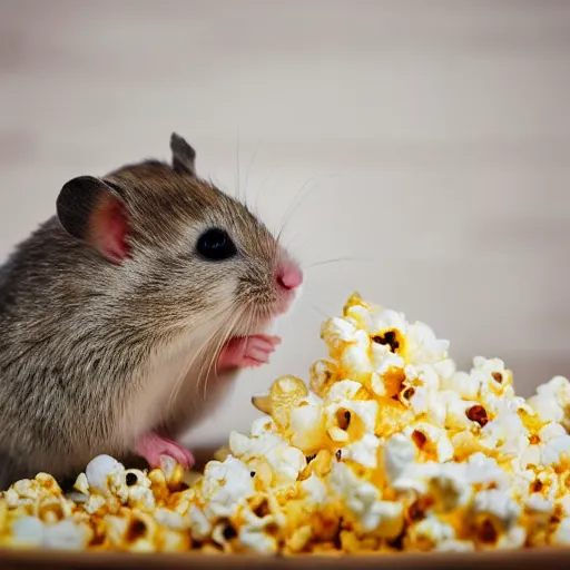 Image similar to photo of a hamster, full cheeks, eating popcorn from a bucket of popcorn, various poses, unedited, soft light, sharp focus, 8 k