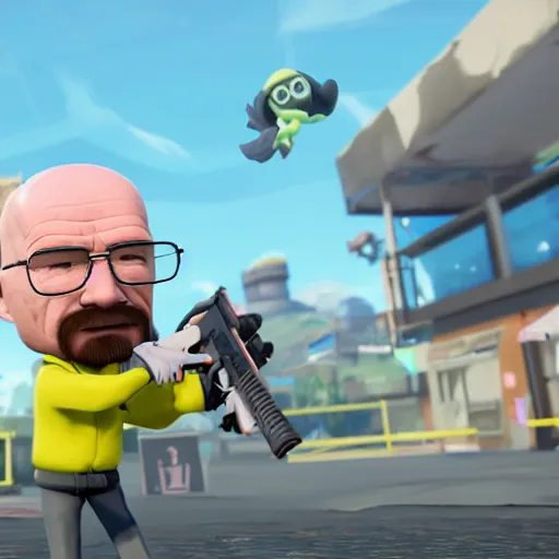 Image similar to walter white in the style of a splatoon character, in game screenshot, unreal engine, high definition