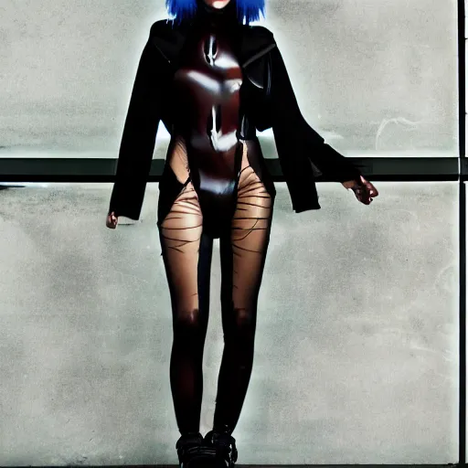 Image similar to a ghost in the shell inspired full shot photographic portrait of a woman in a complex top model pose wearing top urban futuristic fashion clothing