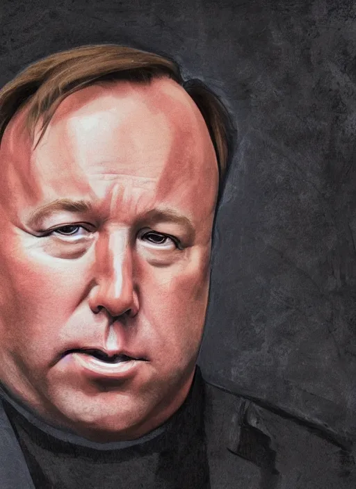 Image similar to sad alex jones surrounded in a dark murky room, highdetailed illustration