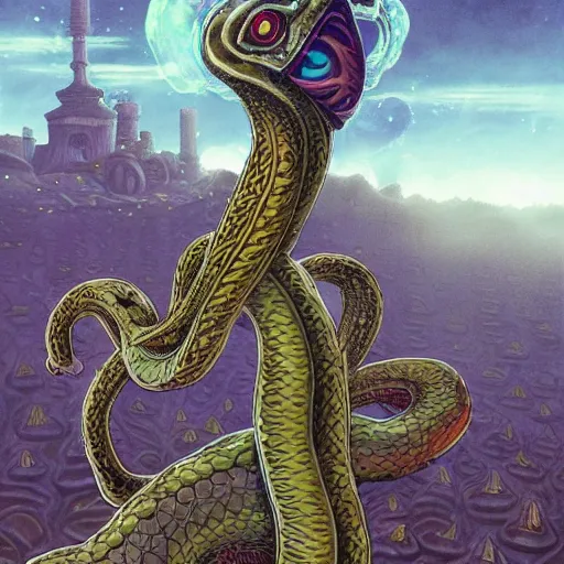 Image similar to A centered chest up portrait of a psychedelic demonic anthropomorphic snake smoking a hand-rolled cigarette smoking heavily , magic mushroom village in background , award winning. superb resolution. in the art style of junji Ito and greg rutkowski . Detailed Mushroom city in background. Hyper realistic anime. Perfect art. Dalle2