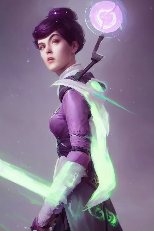 Image similar to portrait of a cute warlock girl with a staff in warlock armor, soft, purple and green, by tom bagshaw and atey ghailan and artgerm and and greg rutkowski, hyper realistic, octane render, trending on artstation