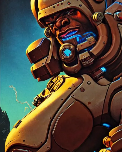 Image similar to doomfist from overwatch, character portrait, portrait, close up, concept art, intricate details, highly detailed, vintage sci - fi poster, retro future, vintage sci - fi art, in the style of chris foss, rodger dean, moebius, michael whelan, and gustave dore