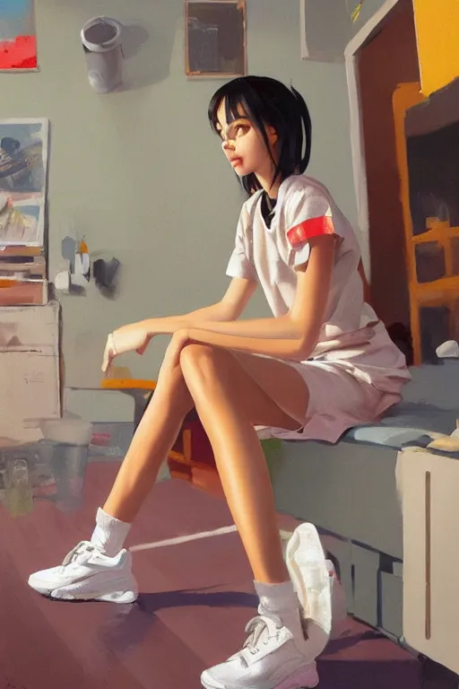 Prompt: A ultradetailed beautiful panting of a stylish girl sitting on the floor of a messy apartment, she is wearing an oversized Nike jacket, she is holding a Styrofoam cup, Oil painting, by Ilya Kuvshinov, Greg Rutkowski and Makoto Shinkai