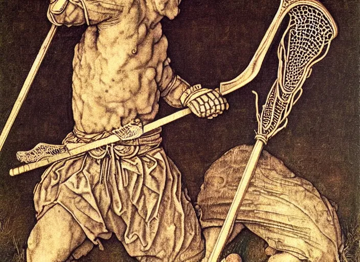 Image similar to lacrosse player, highly detailed, 8k, intricate, Albrecht Durer style