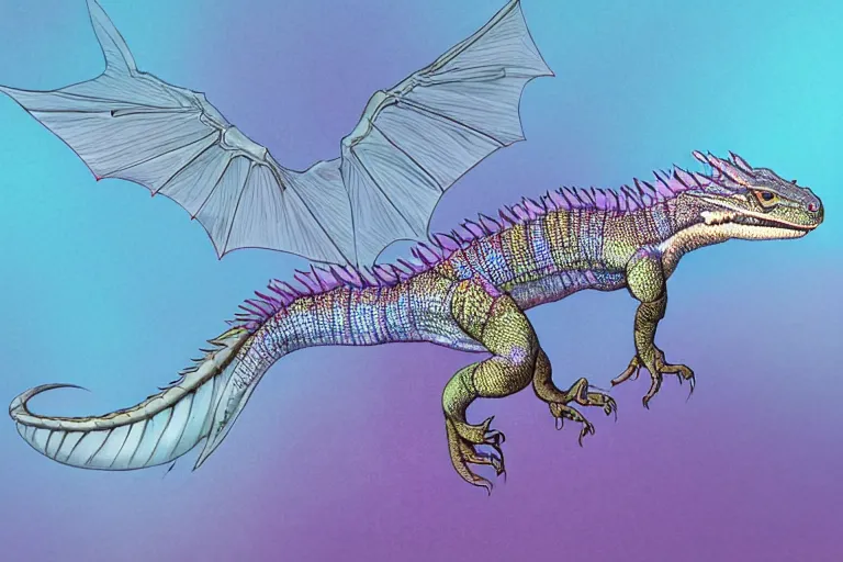 Prompt: full body digital illustration of a giant girdled lizard, pastel color scheme, !dream full body digital illustration of a baby dragon with iridescent wings, pastel color scheme, Smaug giganteus, concept art, matte background, deviantArt, artstation, artstation HQ, HD, 4k resolution