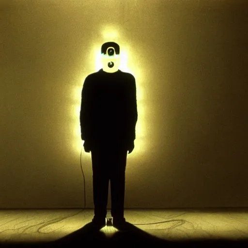 Image similar to movie still of sad cyborg, cinematic composition, cinematic light, by david lynch