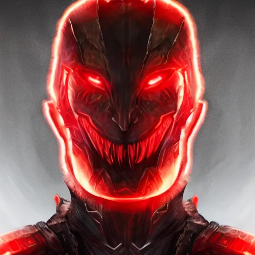 Image similar to a highly detailed character portrait of a man wearing a epic dark armor with glowing red eyes concept art