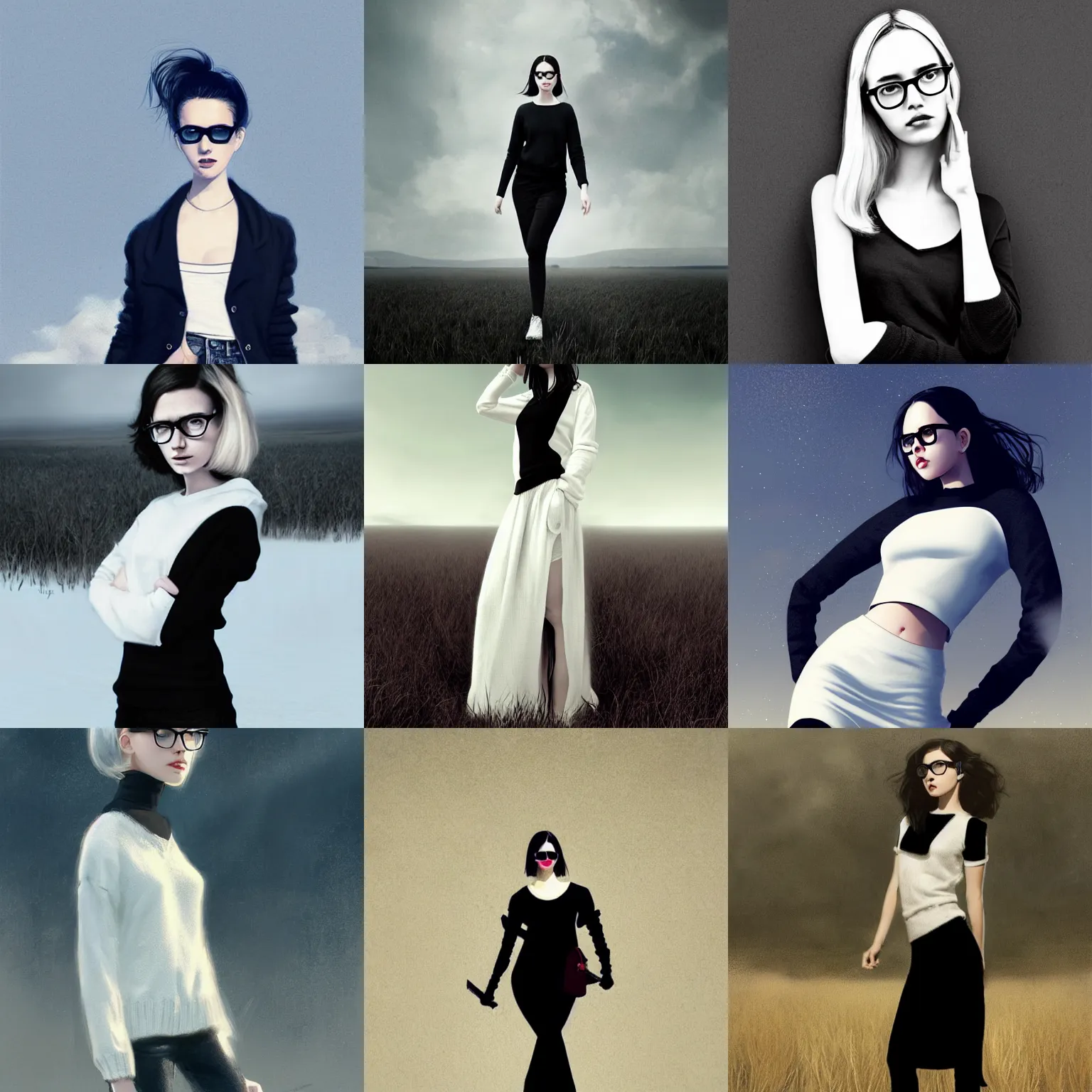 Prompt: cute girl in black sweater white pale hair black glasses standing full body field background by greg rutkowski key art feminine