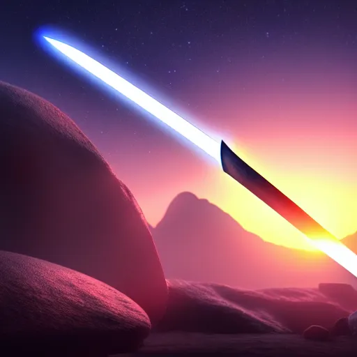 Image similar to sword standing on a glowing rock, distant planet in background, fog, glow, sharp, 4 k, lens flare, highly detailed digital art, trending on artstation