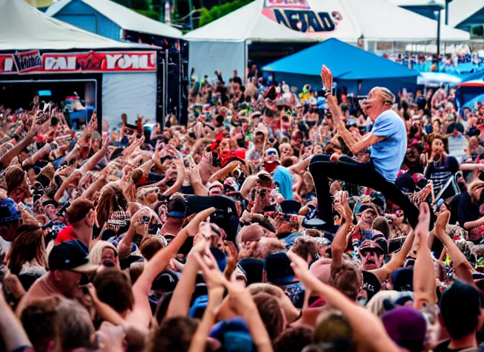 Prompt: photo still of don knotts at vans warped tour!!!!!!!! at age 5 5 years old 5 5 years of age!!!!!!! stage diving into a crowd, 8 k, 8 5 mm f 1. 8, studio lighting, rim light, right side key light