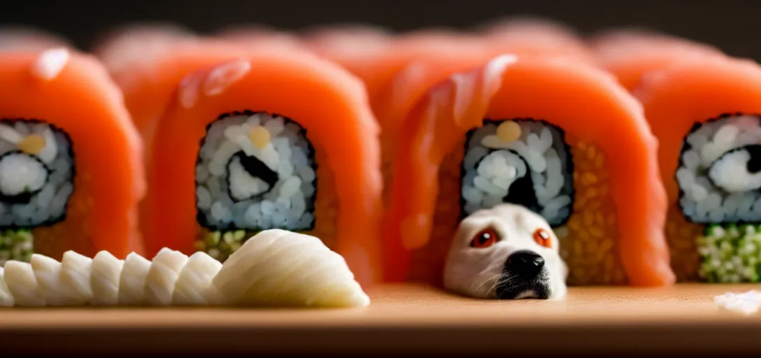 Prompt: a very high resolution image from a new movie. a dog house made of sushi. close up. 2 0 0 mm, dof, photorealistic, photography, directed by wes anderson