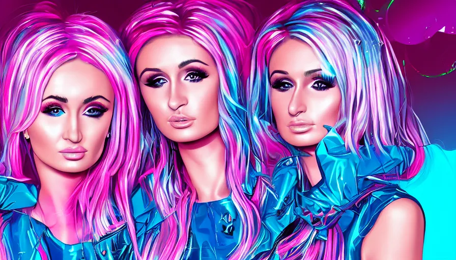 Prompt: Kim Petras and Paris Hilton pink bubblegum pop album cover, hyperdetailed, artstation, cgsociety, deviantart 8k