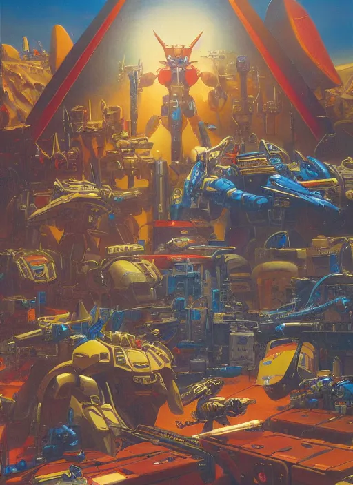 Prompt: gunpla storehouse. vintage shapes, retro technology, happy colors dariusz zawadzki, tim hildebrandt, wayne barlow, bruce pennington, larry elmore, oil on canvas, deep depth field, masterpiece, cinematic composition, hyperdetailed