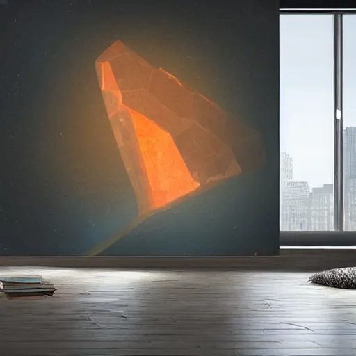 Image similar to a giant gemstone mineral in a dark blank room with Opal gemstone, professional digital matte painting.