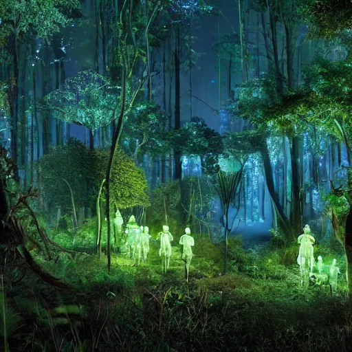 Image similar to scene still of avatar variety bioluminescent forest at night. cinematic cg weta