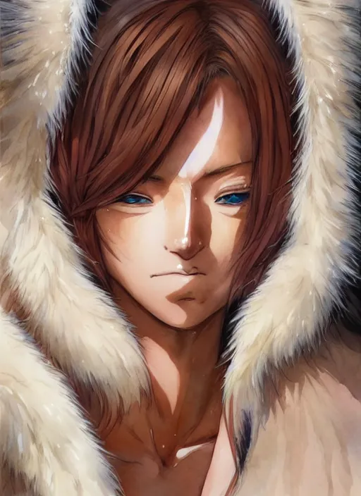 Image similar to Face portrait of a very very beautiful muscular anime girl with tanned skin and cream colored hair wearing a fur coat, watercolor, digital painting, art by Kenichi Sonoda ((Moebius)) Makoto Shinkai (((Shirow Masamune))) and Katsuhiro Otomo, very detailed, sharp focus, digital painting, cyberpunk, high quality, color manga panel, hard shadows