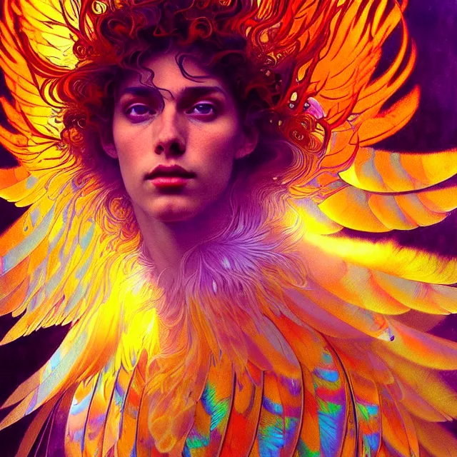 Prompt: face of young psychedelic transcendent feather mind bending psychedelic wings of glossy liquid honey flowing like kaleidoscopic translucent holograph, lsd feathers, feathery fluff, enlightenment, high contrast dappled lighting, refracted sunset, highly detailed, concept art, art by collier, albert aublet, krenz cushart, artem demura, alphonse mucha