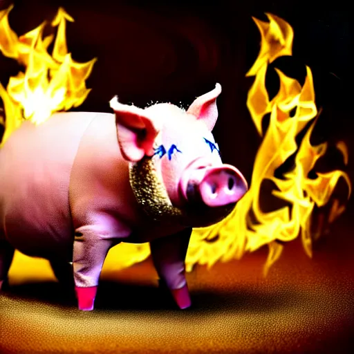 Prompt: !dream studio photograph of a pig wearing a gold crown depicted as a muppet running on fire