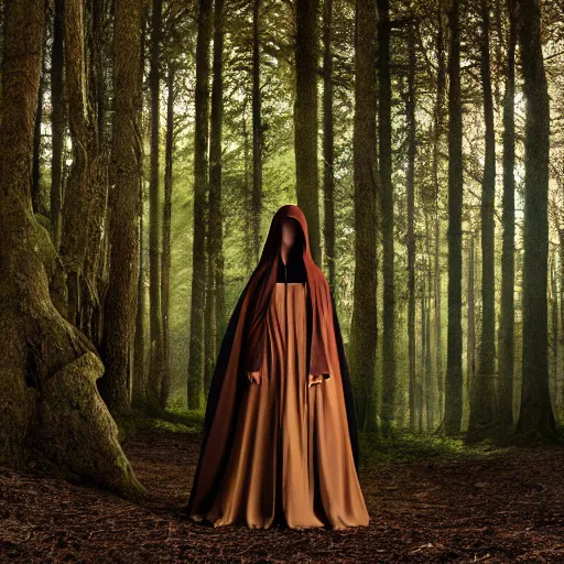 Prompt: portrait of cloaked figure, in a forest, long brown hair, woman, fashion pose, long lens, wide low angle, 7 0 mm film, technicolor, baroque renaissance. photo by philip - daniel ducasse and yasuhiro wakabayashi and jody rogac, telephoto, intricate, elegant, global illumination. vfx