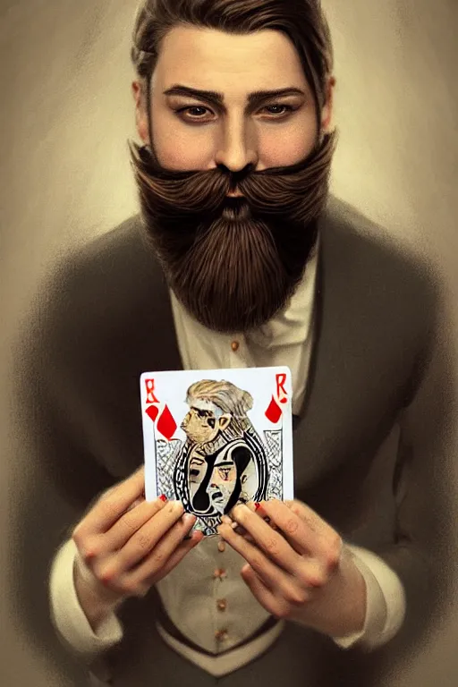 Image similar to bearded round face with no moustache, magician holding playing cards, realistic, modern, magicians eyes are covered with cloth, intricate, elegant, highly detailed, digital painting, artstation, concept art, addiction, chains, smooth, sharp focus, illustration, art by ilja repin