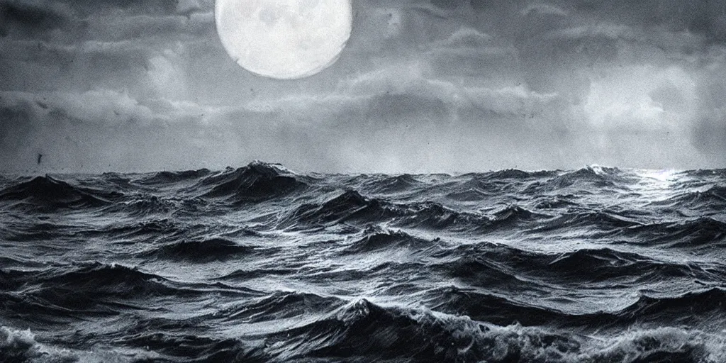 Prompt: the ocean shook in terror, the skies trembled in fear and the air stood silent. the mighty eldritch god has awoken from its watery slumber and the moon howled in anticipation