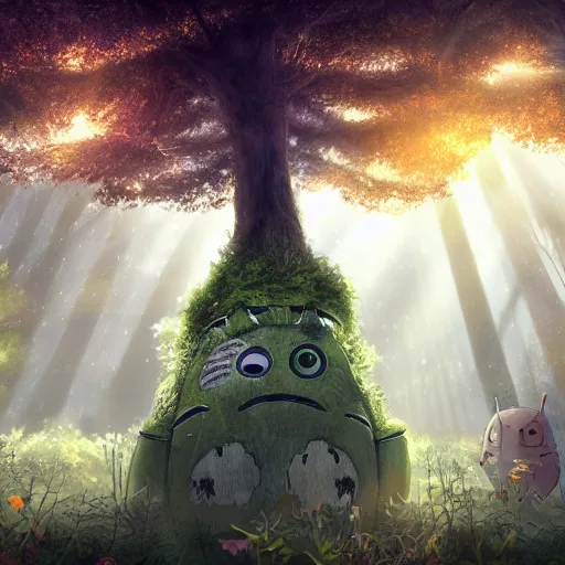 Image similar to A forest with a ray of light shining down onto the forest floor, tattered robot, totoro hiding behind tree, magical, enchanting, graveyard, studio ghibli, beautiful, fantasy, digital art, high detail, excellent quality, 4K, OLED