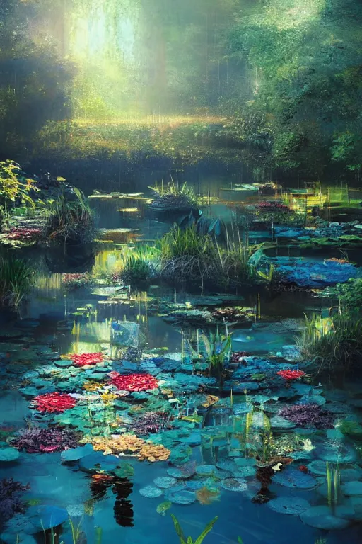 Image similar to nenufar in a pond, colorful, blue backgroung,clean, joyful, intricate, elegant, volumetric lighting, scenery, digital painting, highly detailed, artstation, sharp focus, illustration, concept art, ruan jia, steve mccurry