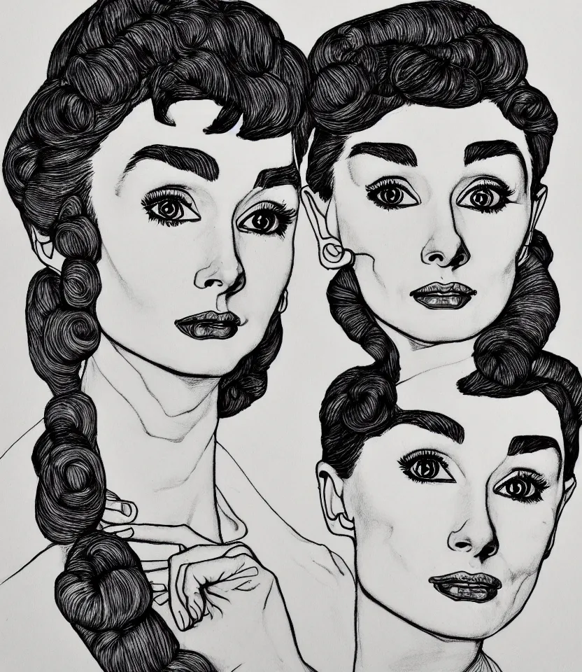 Prompt: detailed line art portrait of audrey hepburn, inspired by egon schiele. contour lines, musicality, twirls, curls, curves, confident personality