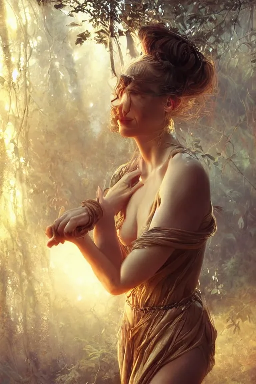 Image similar to stunningly beautiful, icelandic dancer in jungle, symmetrical face, golden hour, smooth, focus, highly detailed, hyper realistic, dramatic lighting, elegant, intricate, concept art, art by wlop, mars ravelo, greg rutowski, artstation