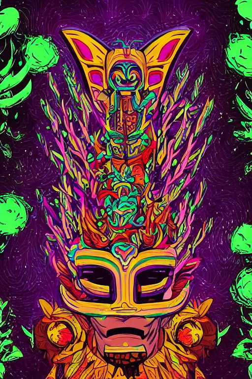 Image similar to animal mask totem roots flower tribal feather gemstone plant wood rock shaman vodoo video game vector cutout illustration vivid multicolor borderlands comics by josan gonzales and dan mumford radiating a glowing aura