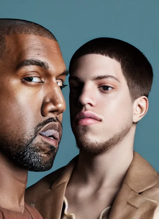 Prompt: portrait of kanye west and pete davidson, for vogue magazine, by charlotte grimm, natural light, detailed face, beautiful features, symmetrical, highly detailed, highly realistic, high resolution, canon eos c 3 0 0, ƒ 1. 8, 3 5 mm, 8 k, medium - format print, half body shot