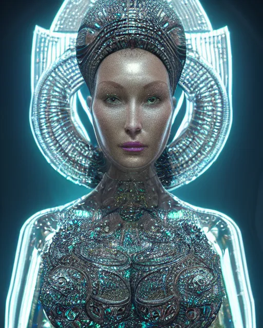 Image similar to a highly detailed metahuman 4 k close up render of an alien goddess bella hadid monument atlantis in iris van herpen dress schiaparelli in diamonds crystals swarovski and jewelry iridescent in style of alphonse mucha gustav klimt trending on artstation made in unreal engine 4