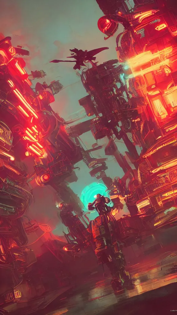 Image similar to concept art, retro - futurist steampunk pilots, octane render, artstation, dramatic neon lighting, glowing imperial motifs, red turquoise accents, bladerunner, by gerald brom, james jean, syd mead, akihiko yoshida, cinematic