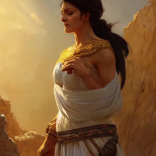 Prompt: a fierce yet beautiful mesopotamian wife and mother dressed in a toga, highly detailed, digital painting, artstation, concept art, sharp focus, illustration, cinematic lighting, art by artgerm and greg rutkowski and alphonse mucha