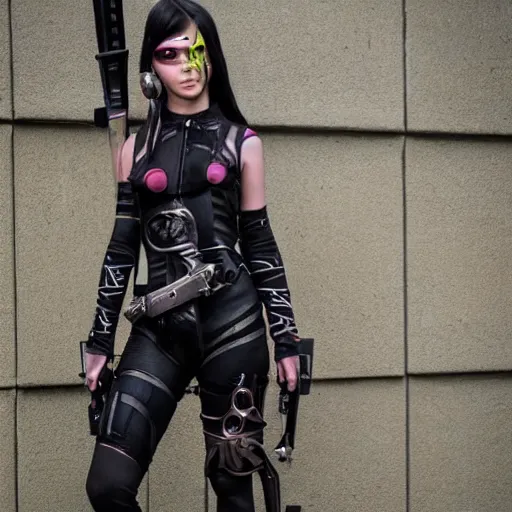 Image similar to full body photo of a cyberpunk female archer