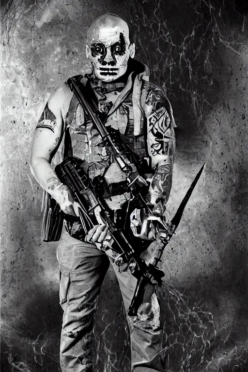 Image similar to a paranormal soldier, ouija tattoo on face, emp weapons strapped in shoulders, horror sci - fi black and white poster