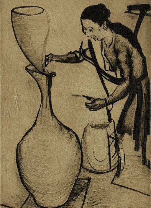 Image similar to abstract stylized charcoal drawing of a woman working on a tall vase at a pottery wheel, da vinci, van gogh