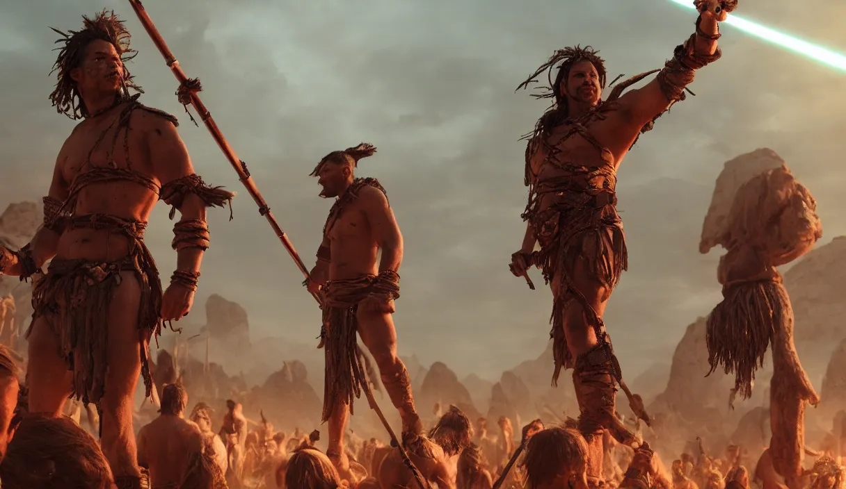 Prompt: an ancient tribesman with laser sword standing in front of barbarian horde, dramatic lighting, cinematic, establishing shot, extremely high detail, photorealistic, cinematic lighting, artstation, octane render, western,old photo, vintage