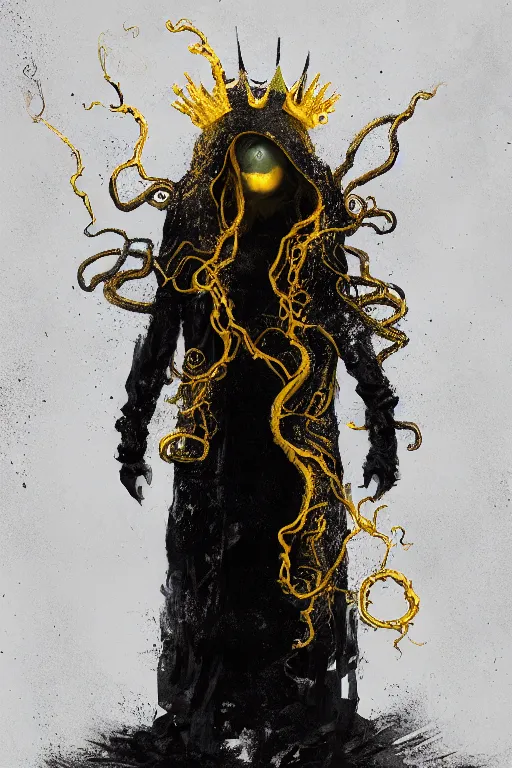 Image similar to A full body portrait of a mysterious character with no face with a very long hooded yellow cloak, a golden crown floating above his head tentacles coming out the ground art by Maciej Kuciara and Jason Chan, ominous, cosmic horror, trending on artstation, Ultra detailed, hyper realistic 4k