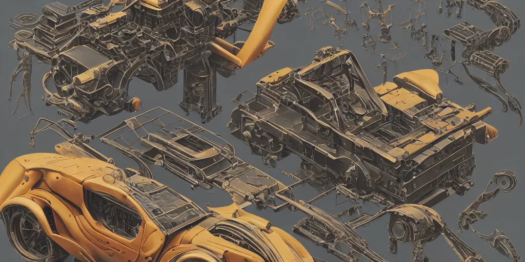 Image similar to collection of exploration of form and shapes, moebius, engine, props, hard surface, panel, simon stalenhag, kitbash, items, gadget, big medium small, close up, vehicles, futuristic, parts, machinery, greebles, insanely detailed, case, hardware, golden ratio, wes anderson color scheme, in watercolor gouache detailed paintings, sleek design, clear