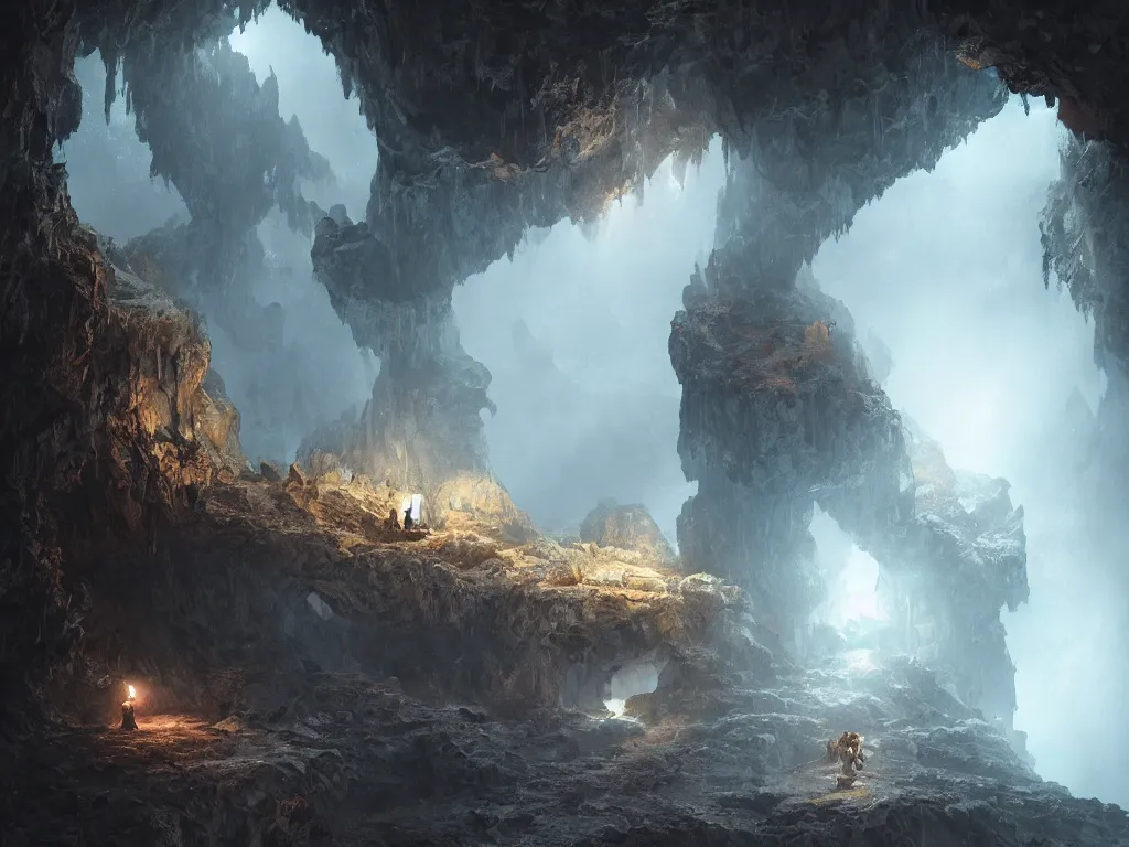 Prompt: A cave with a single torch as the only light source. Fantasy, hyper detailed, cinematic atmosphere, arnold render, trending on artstation, cgsociety