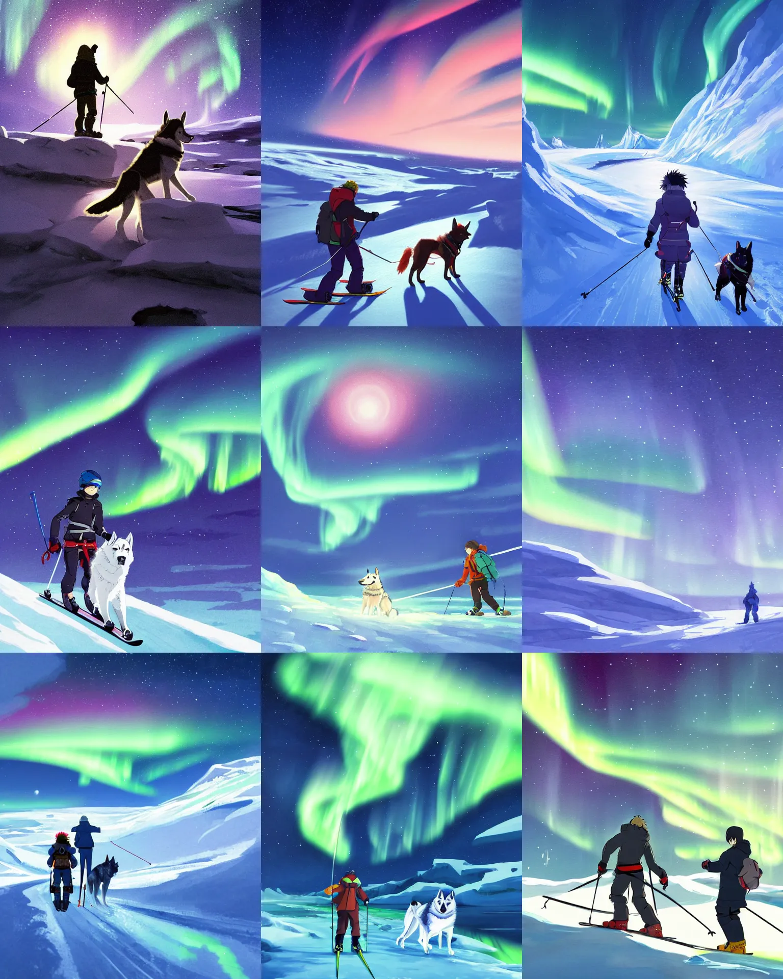 Prompt: anime painting of an adventurer exploring the arctic on skis with a husky, illuminated by the beautiful northern lights in the night sky above them, by makoto shinkai, tranquil, trending on artstation, kimi no na wa